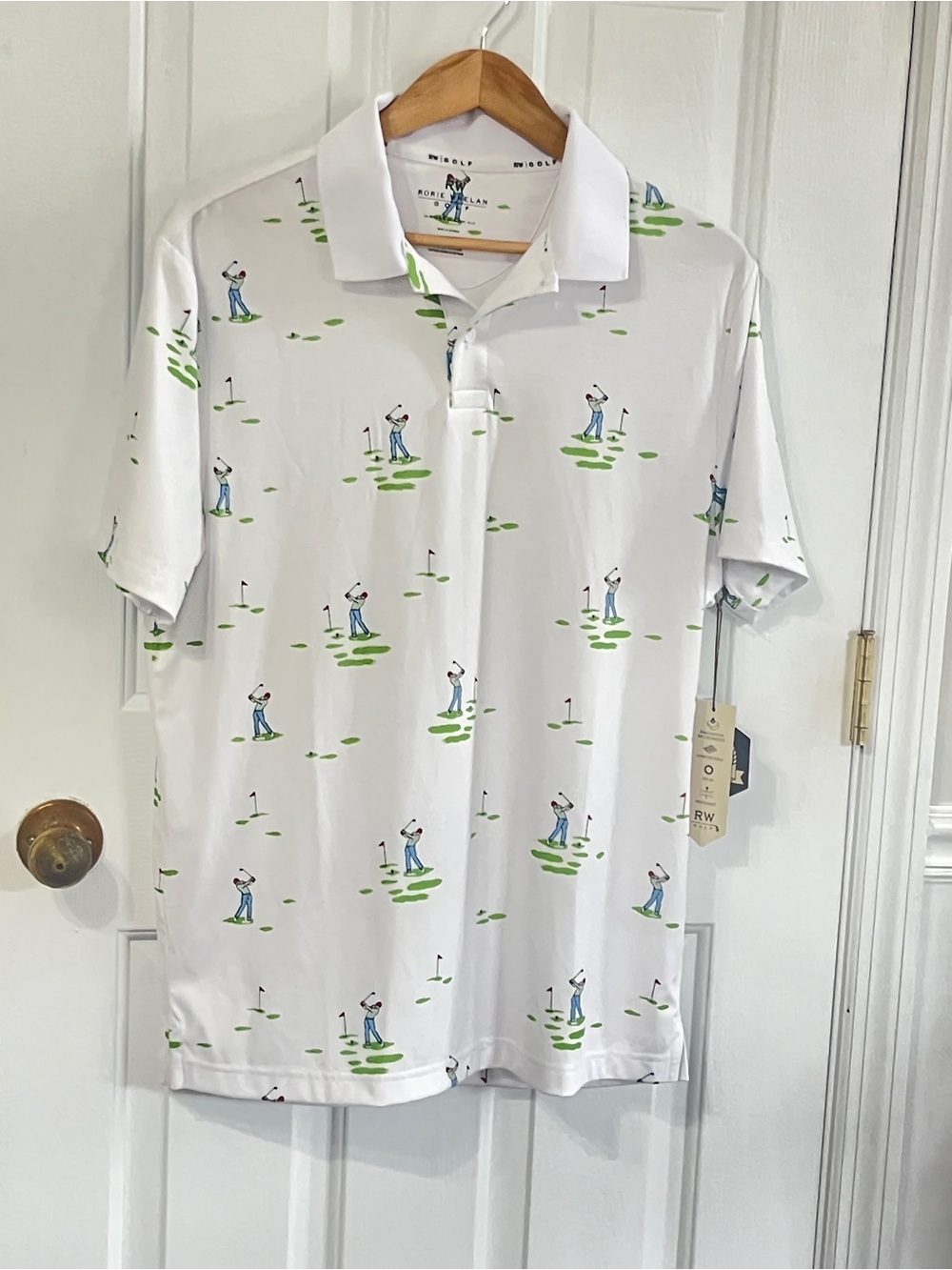 Rorie Whelan NWT Golf Performance Polo Medium White All Over Print Golfer
